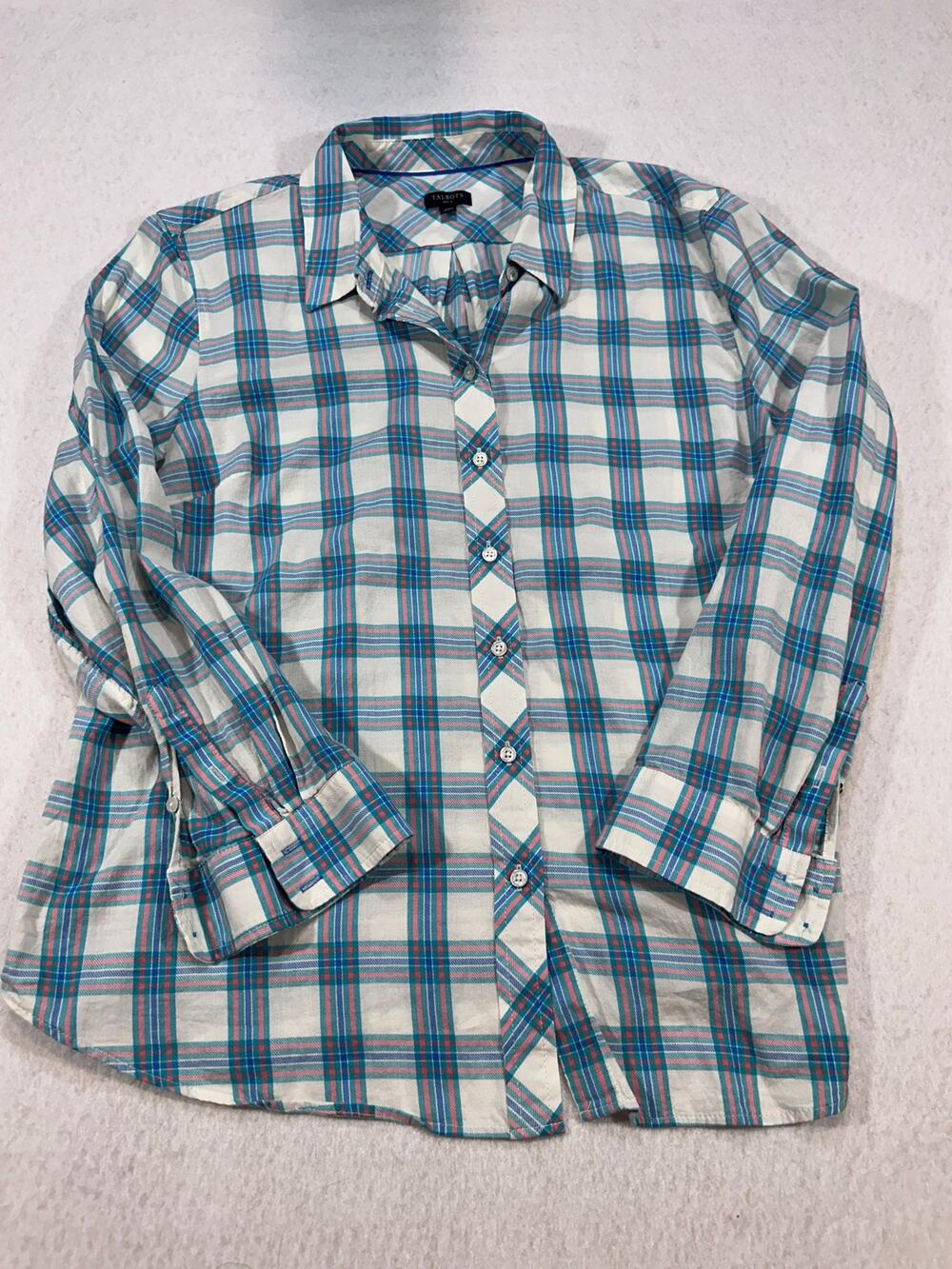 Talbots Petite XLP Plaid Button Down Shirt Coastal Preppy Cotton Rayon